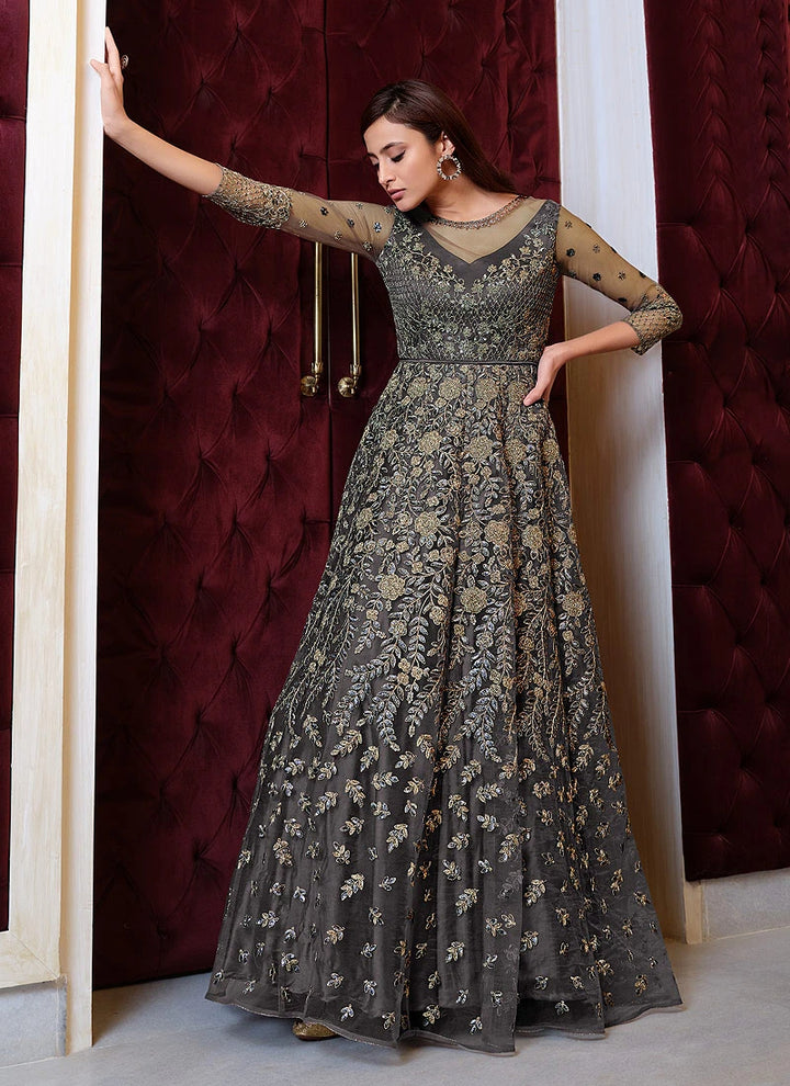 Grey Sequins Anarkali - Buy Embroidered Floor Length Anarkali Suit