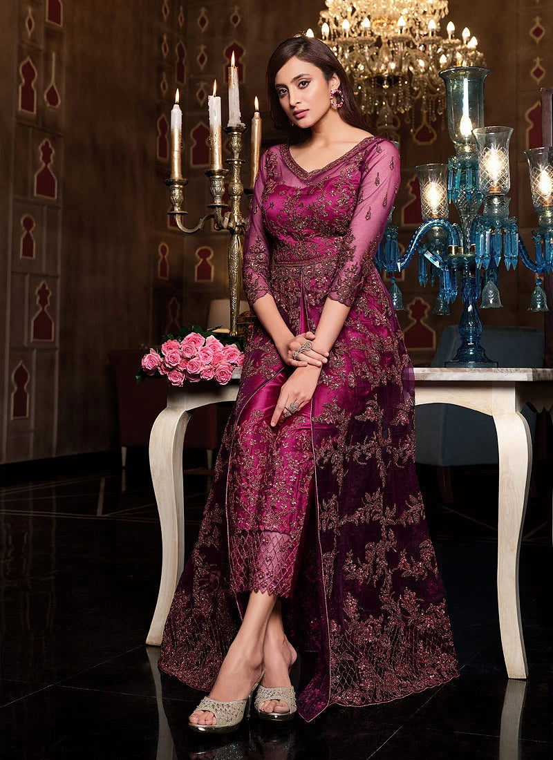 Pink Front Slit Sequins Embroidered Lehenga Style Anarkali Suit