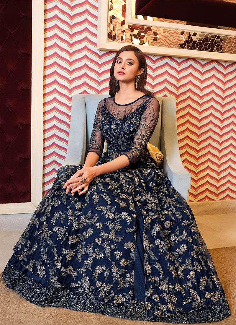 Navy Blue Lehenga Style Sequins Embroidered Anarkali Suit