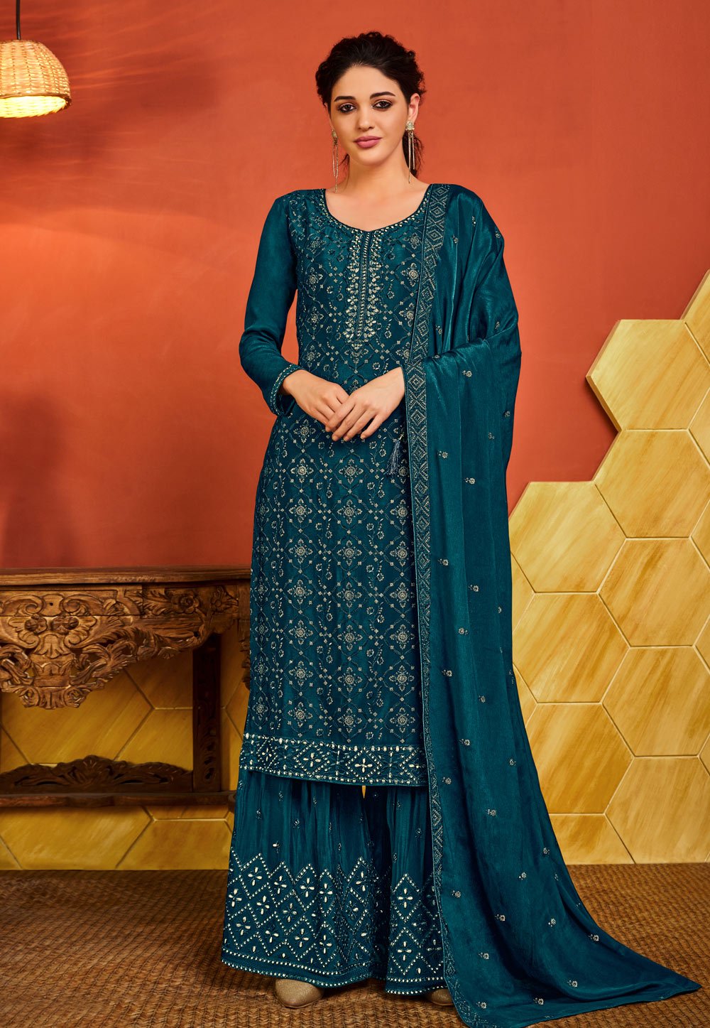 Turquoise Chinnon Suit - Buy Sequins Embroidered Palazzo Suit
