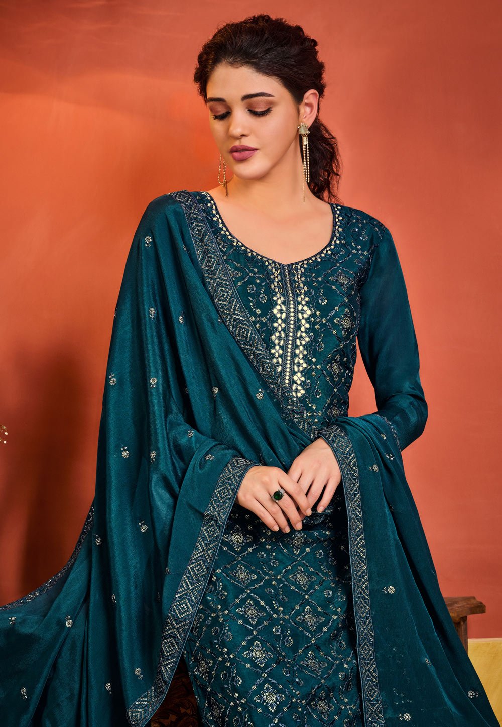Turquoise Chinnon Sequins Embroidered Palazzo Suit