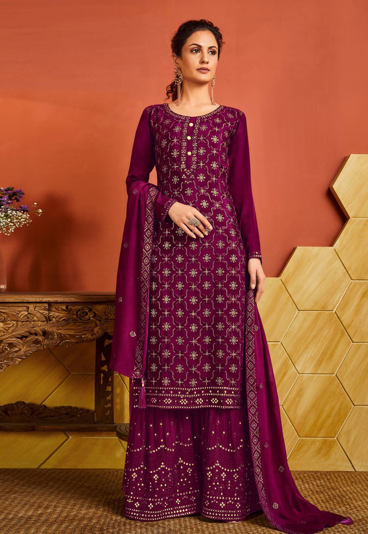 Wine Chinnon Suit - Buy Sequins Embroidered Palazzo Suit