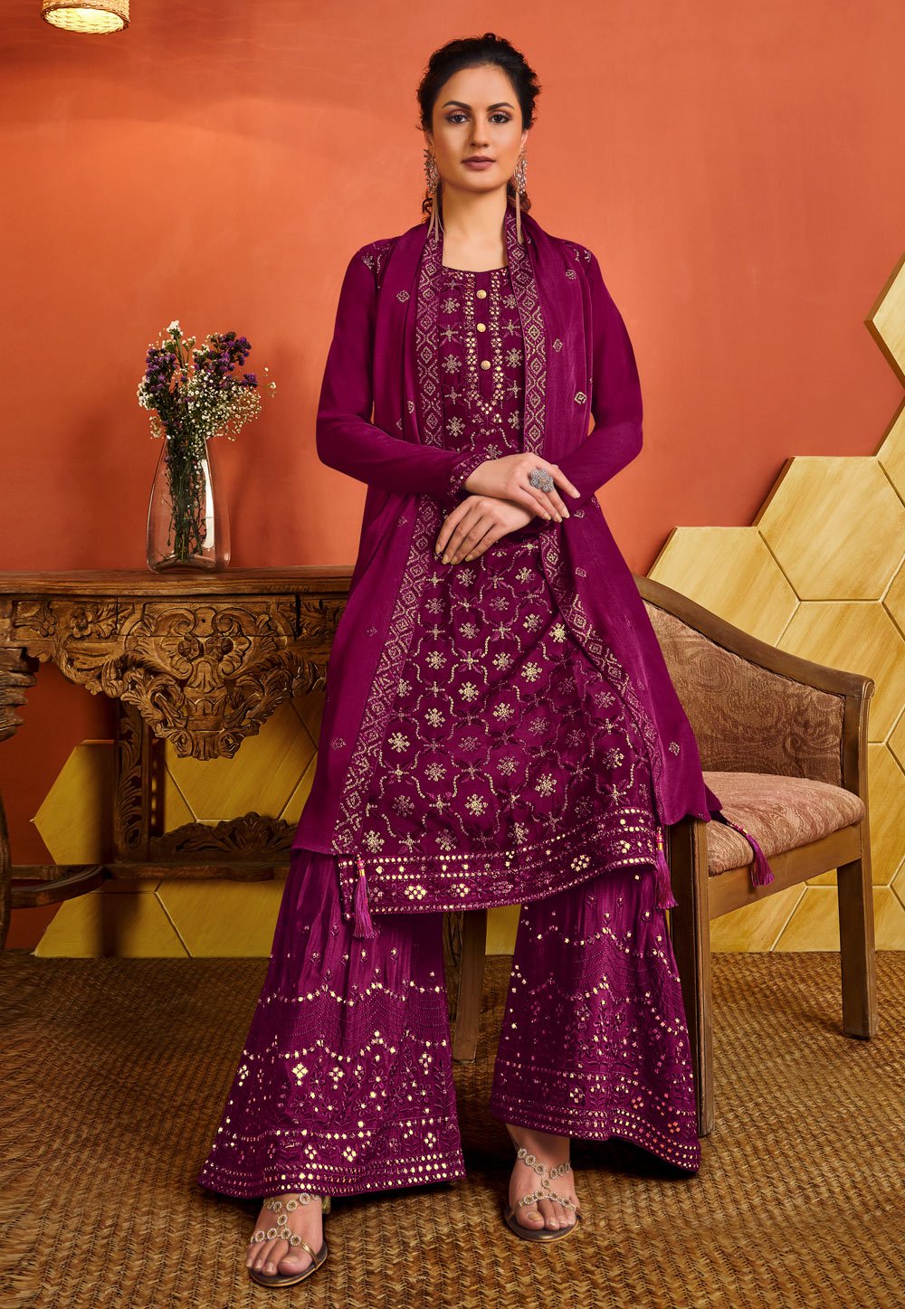 Wine Chinnon Sequins Embroidered Palazzo Suit