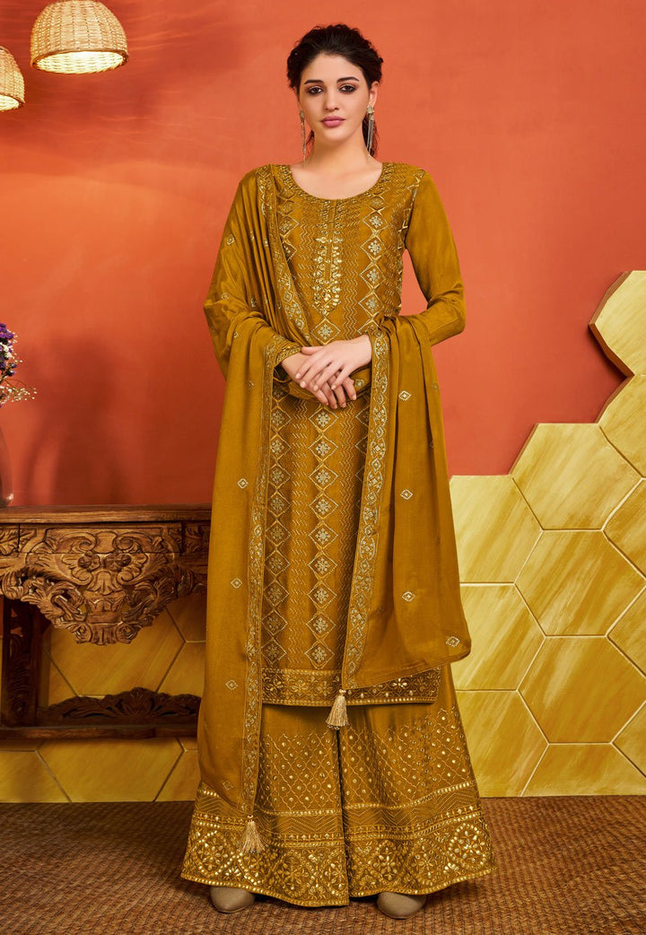 Yellow Chinnon Suit - Buy Sequins Embroidered Palazzo Suit