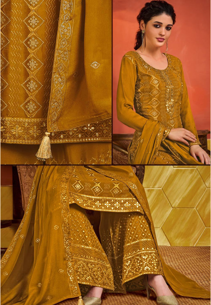 Yellow Chinnon Sequins Embroidered Palazzo Suit