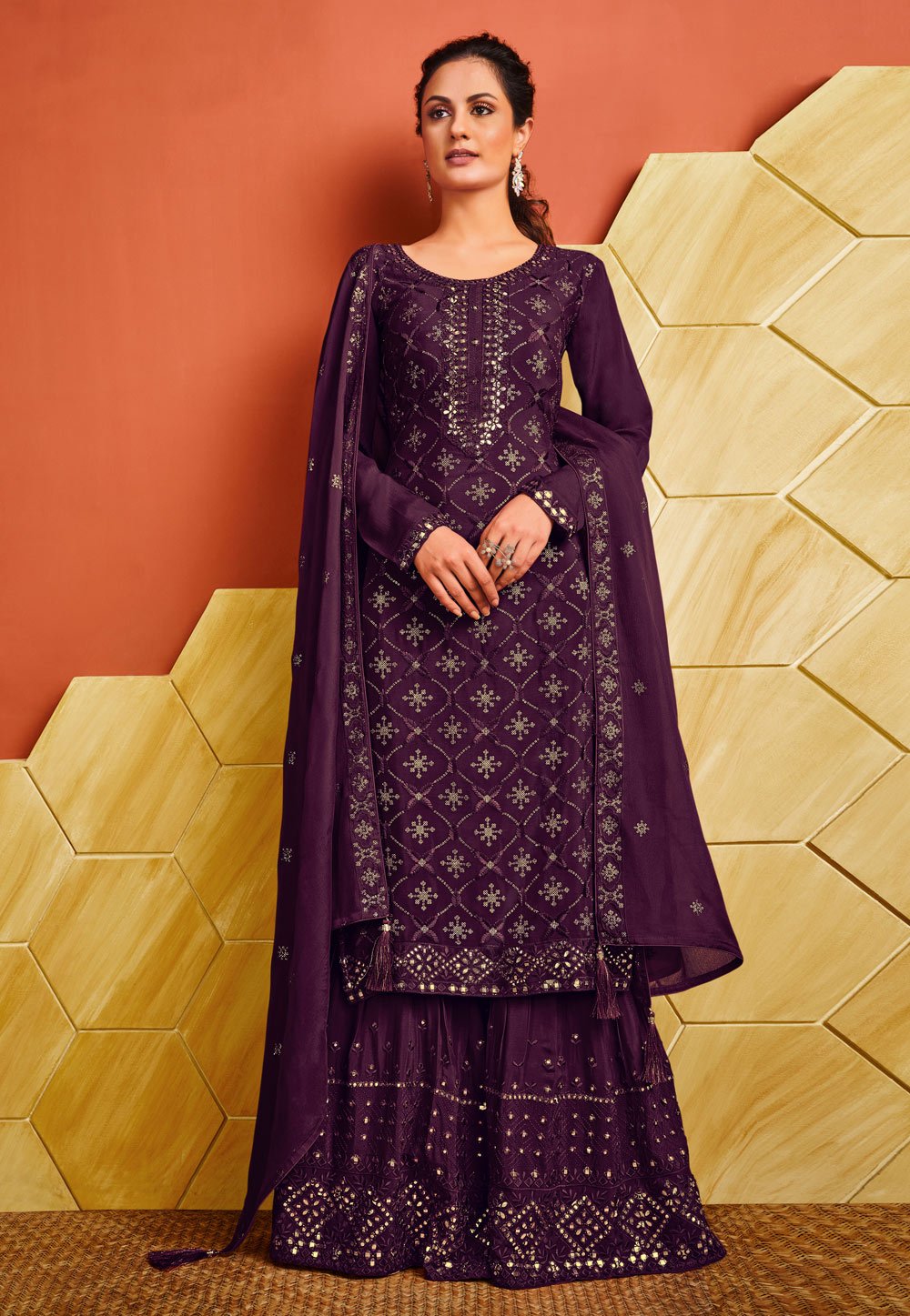 Purple Chinnon Suit - Buy Sequins Embroidered Palazzo Suit