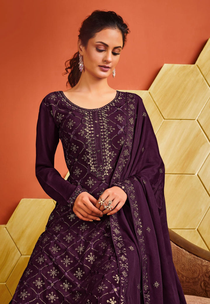 Purple Chinnon Sequins Embroidered Palazzo Suit