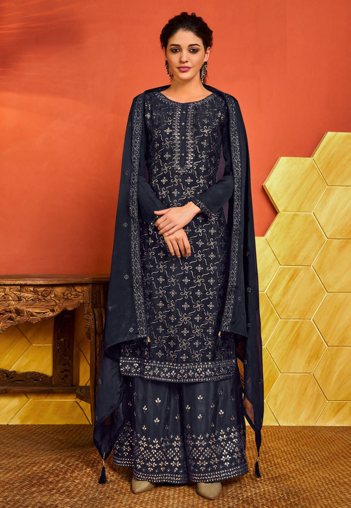 Blue Chinnon Suit - Buy Sequins Embroidered Palazzo Suit