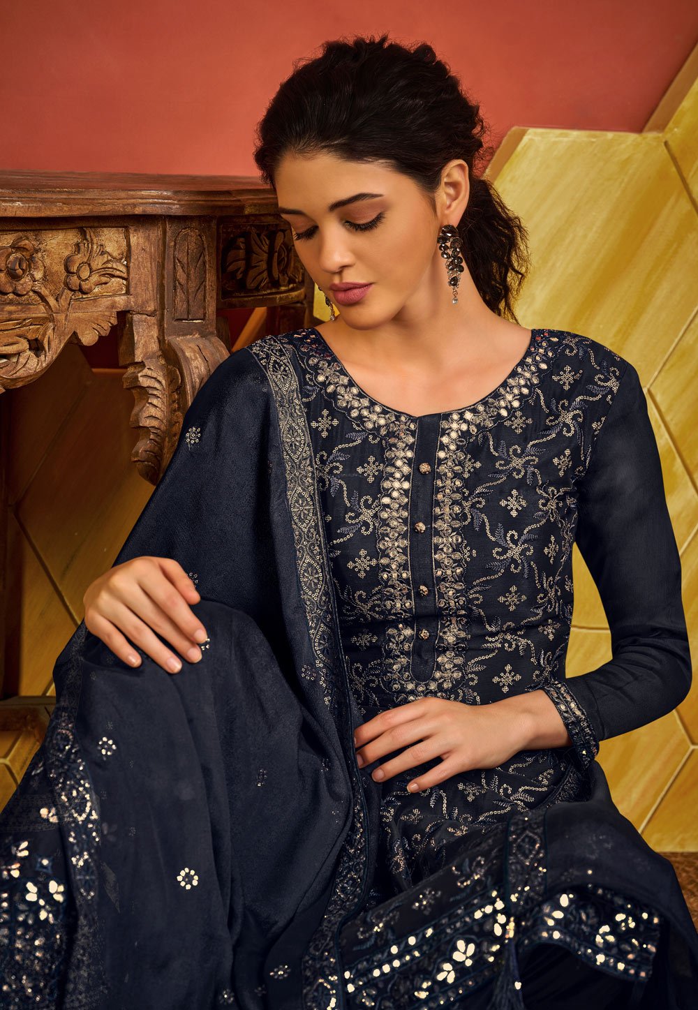 Blue Chinnon Sequins Embroidered Palazzo Suit