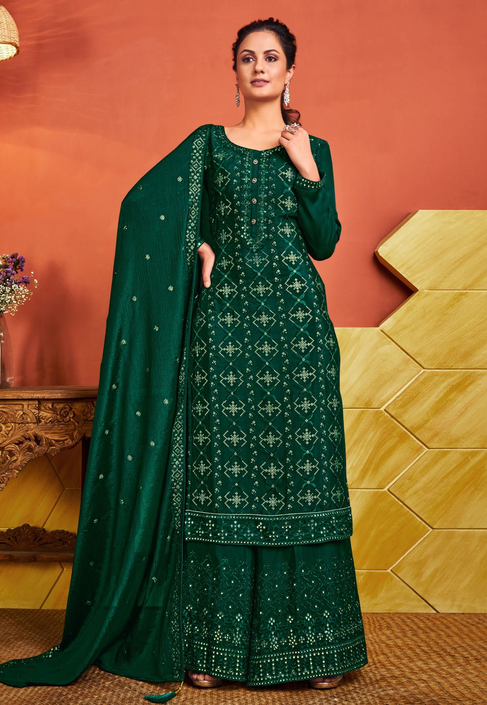 Green Chinnon Suit - Buy Sequins Embroidered Palazzo Suit