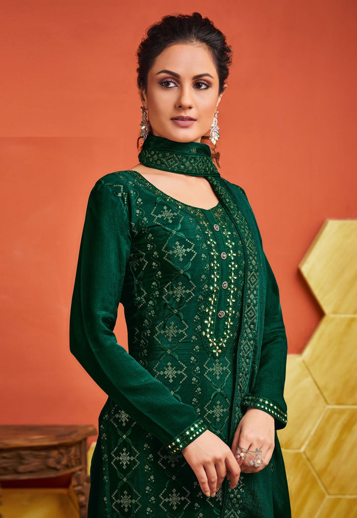 Green Chinnon Sequins Embroidered Palazzo Suit