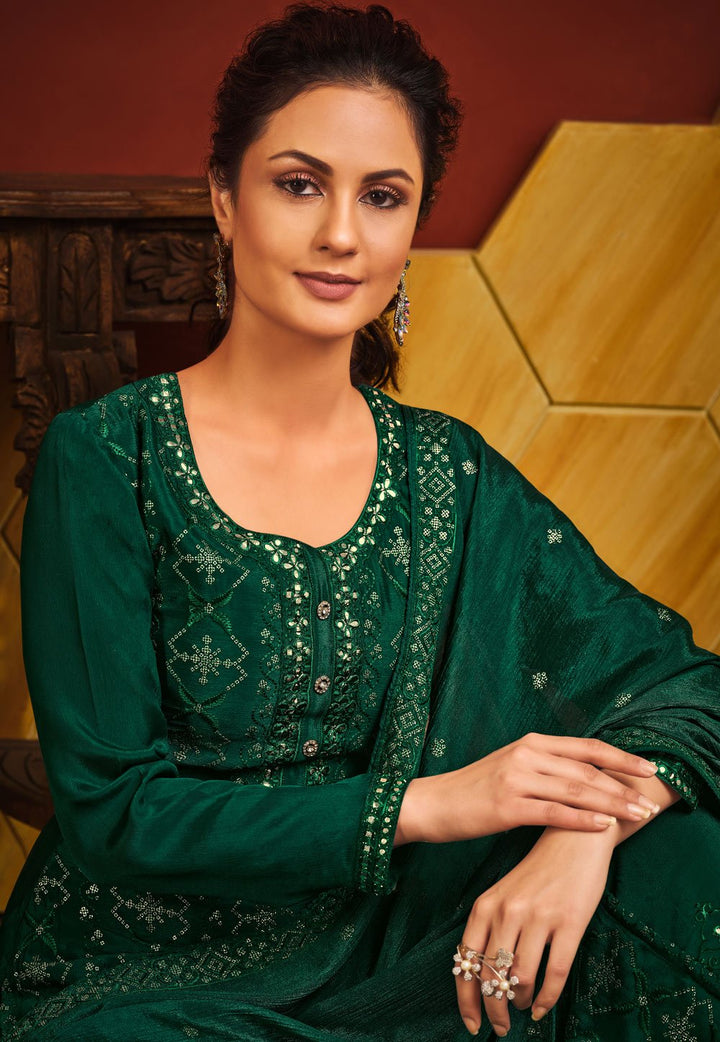 Green Chinnon Sequins Embroidered Palazzo Suit