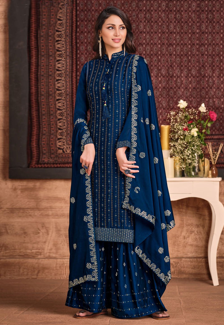 Buy Oxford Blue Sharara - Sequins Embroidered Sharara Suit