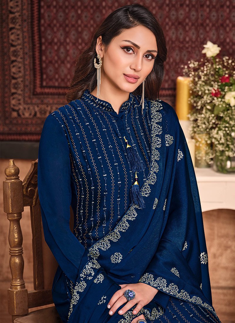 Buy Oxford Blue Sharara - Sequins Embroidered Sharara Suit