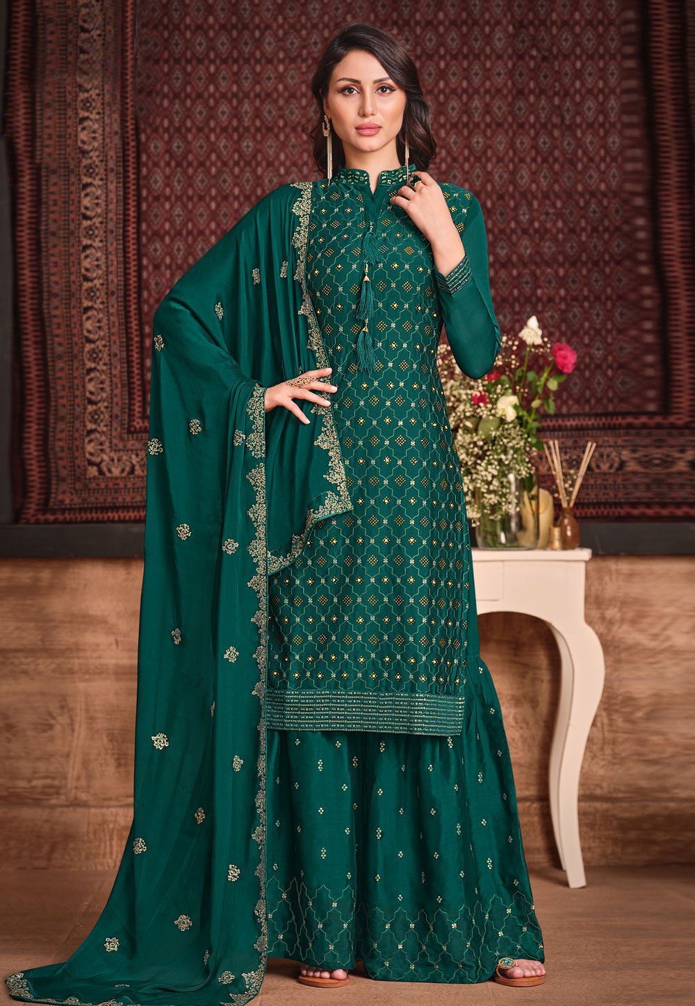 Buy Forest Green Sharara - Sequins Embroidered Sharara Suit