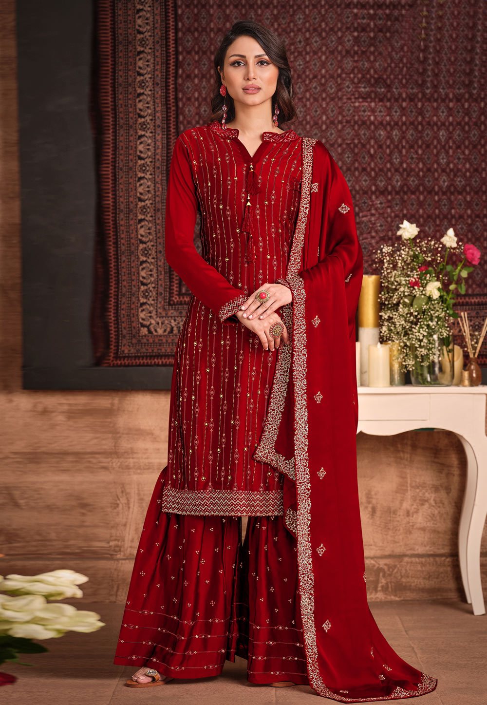 Buy Cherry Red Sharara - Sequins Embroidered Sharara Suit