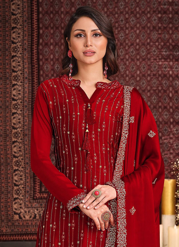Buy Cherry Red Sharara - Sequins Embroidered Sharara Suit