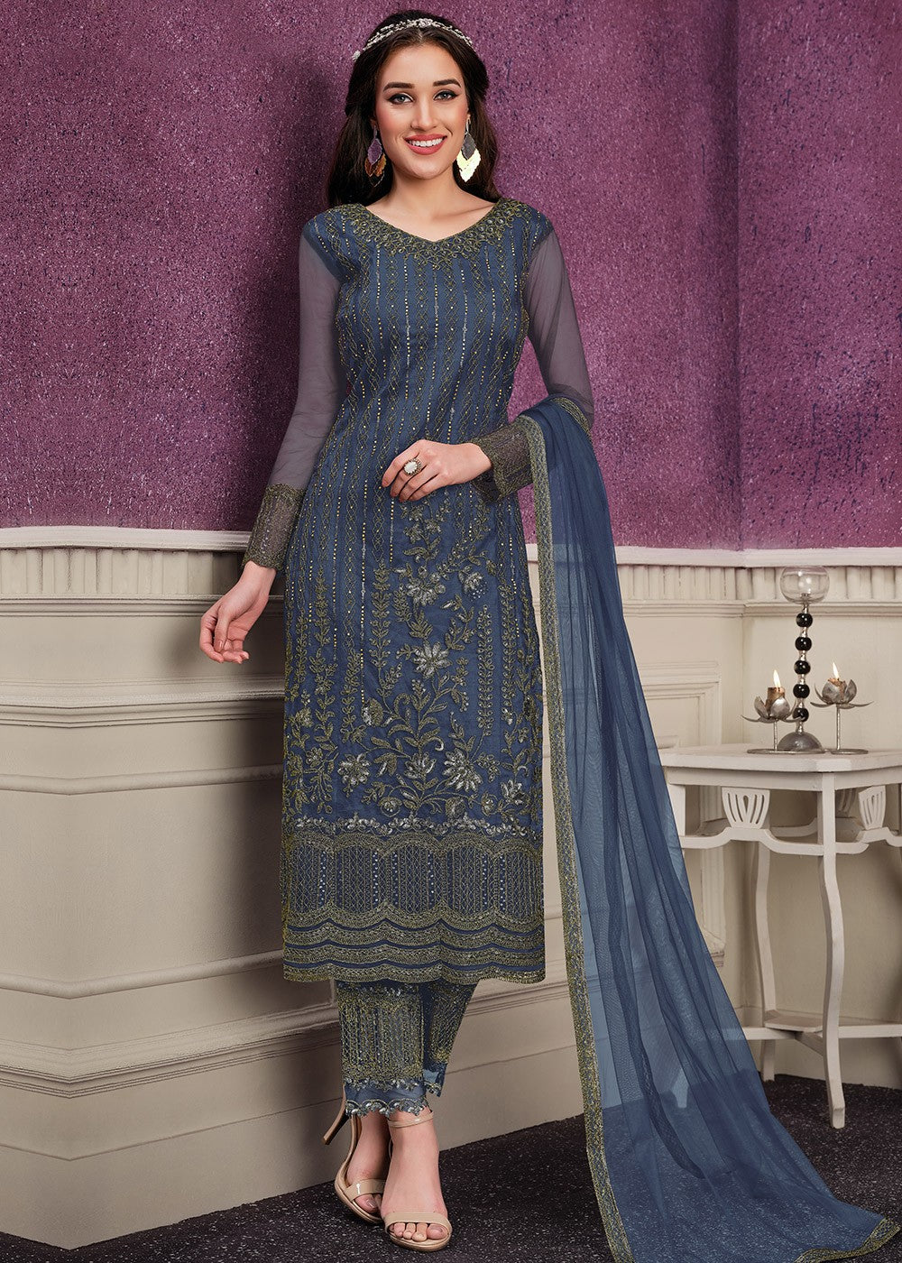 Buy Pant Style Blue Suit - Sequins Embroidered Designer Suit