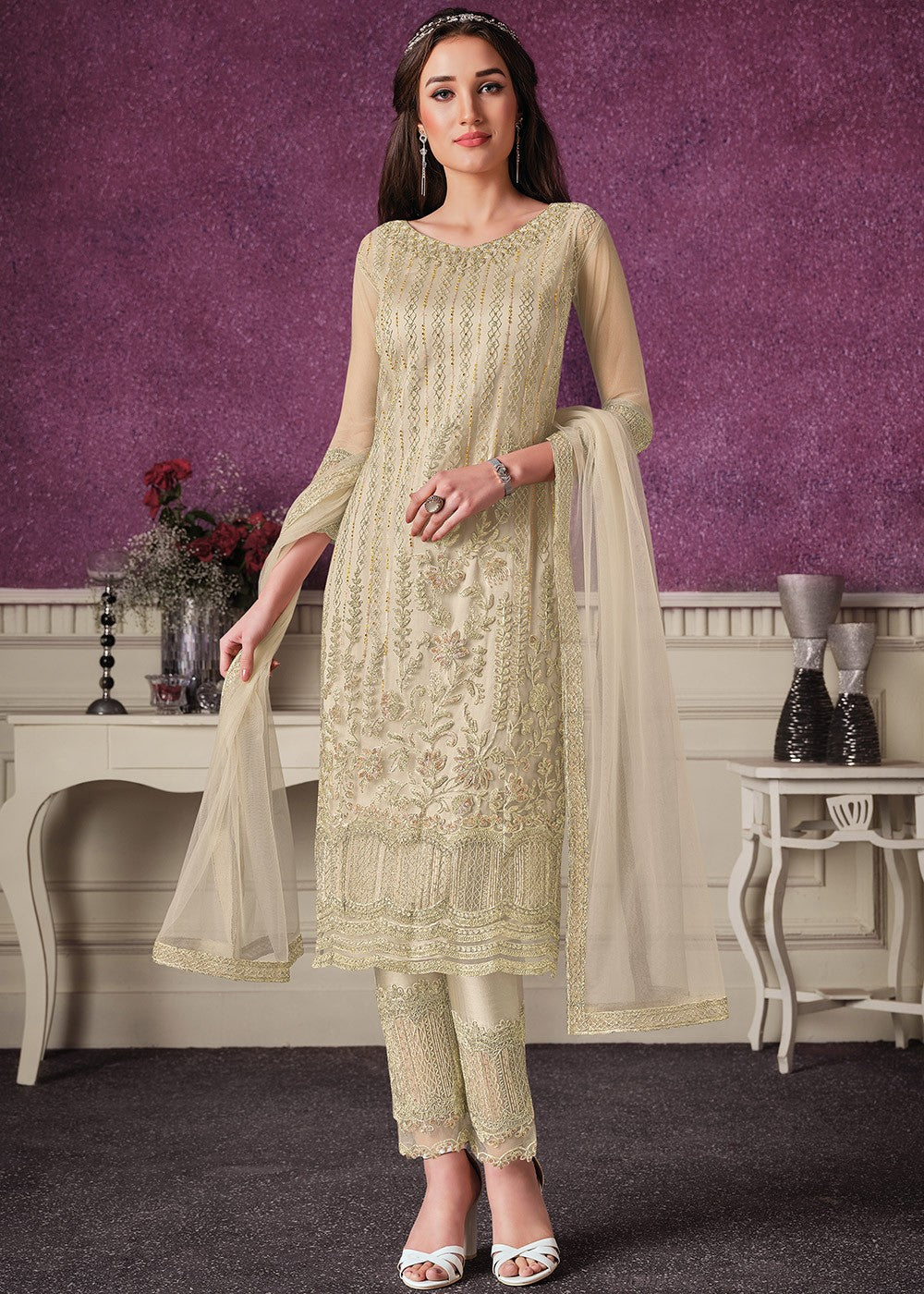 Buy Pant Style Cream Suit - Sequins Embroidered Designer Suit
