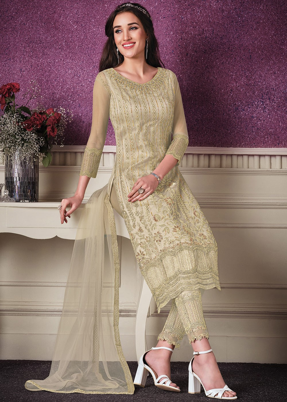 Buy Pant Style Cream Suit - Sequins Embroidered Designer Suit