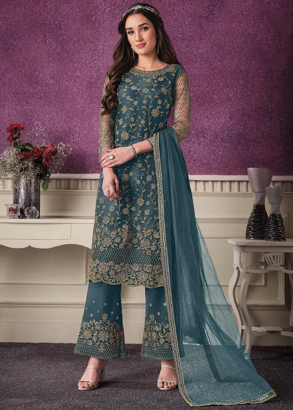 Buy Pant Style Teal Blue Suit - Sequins Embroidered Designer Suit
