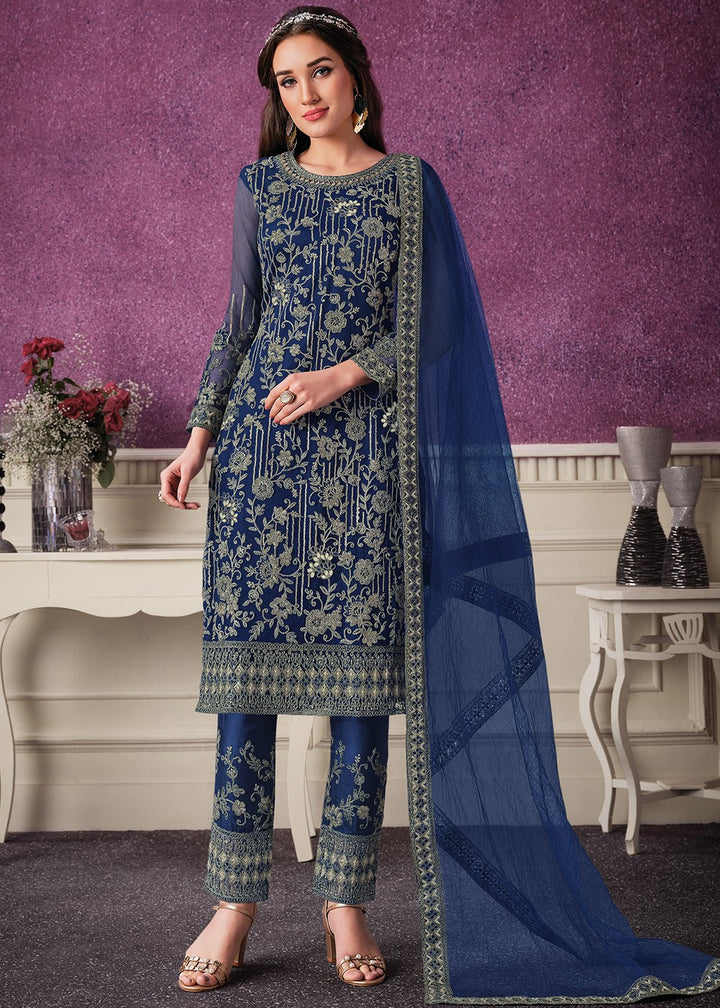 Buy Pant Style Navy Blue Suit - Sequins Embroidered Designer Suit