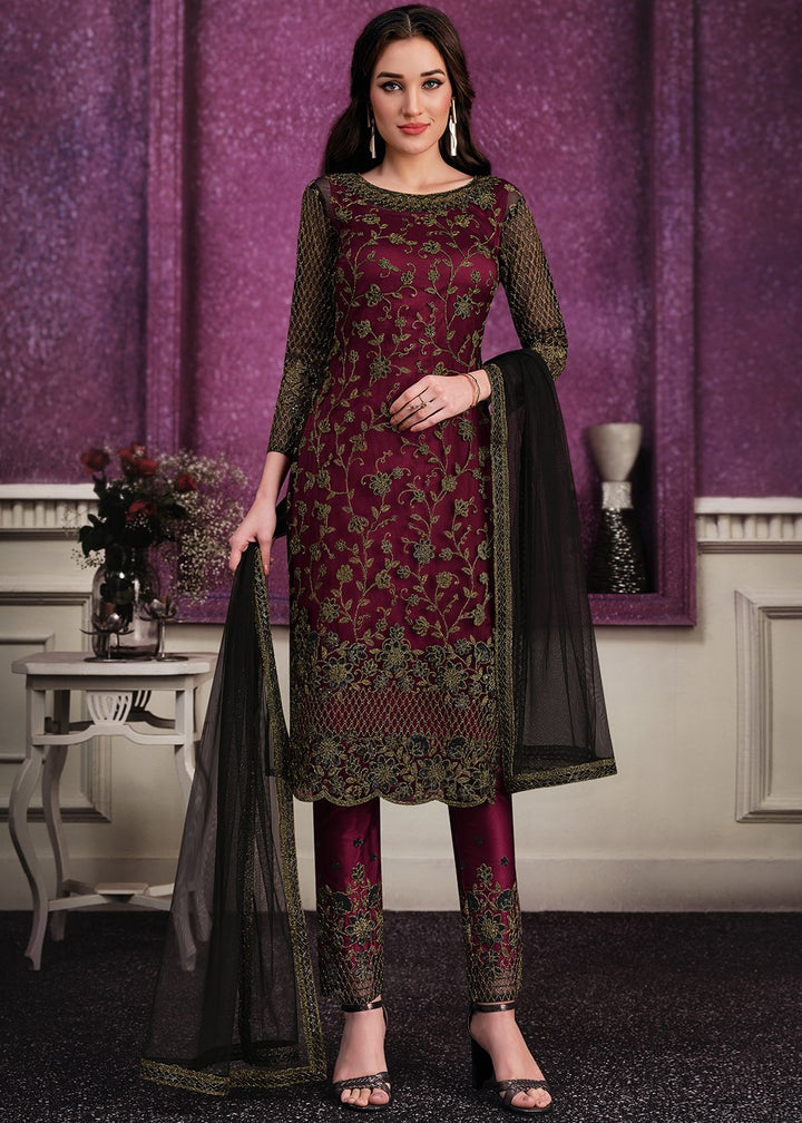 Buy Pant Style Black & Maroon Suit - Sequins Embroidered Designer Suit