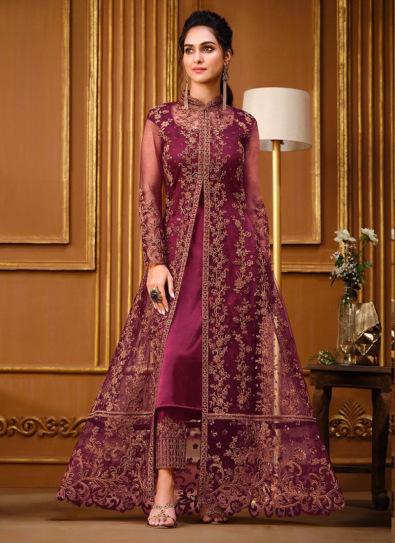 Buy Slit Style Plum Wine Anarkali - Net Embellished Anarkali Suit