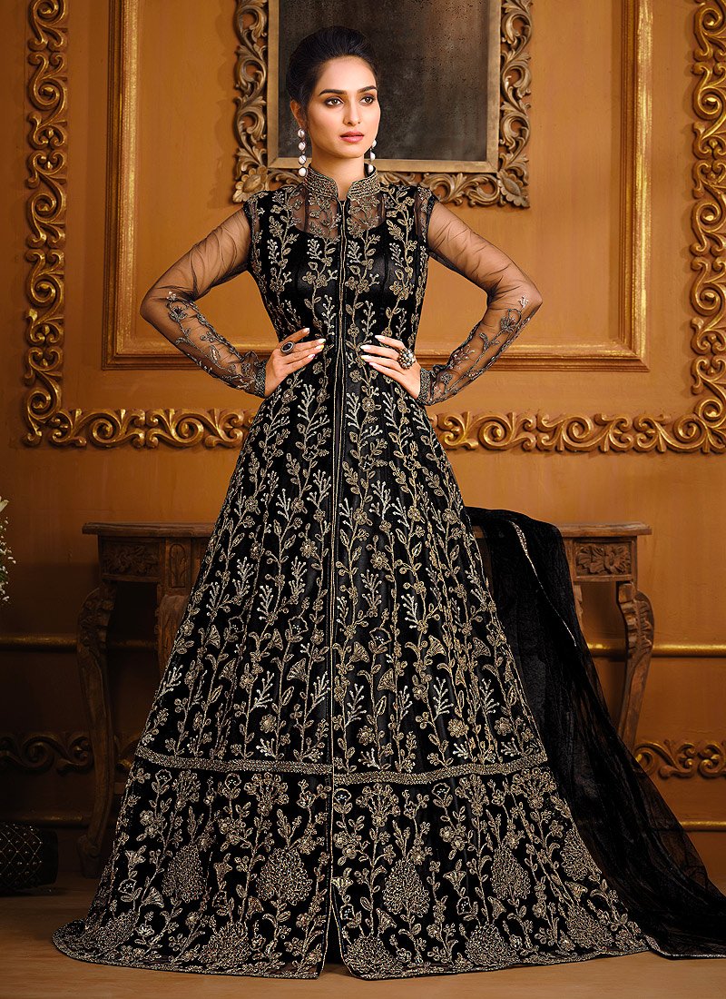 Buy Slit Style Bold Black Anarkali - Net Embellished Anarkali Suit