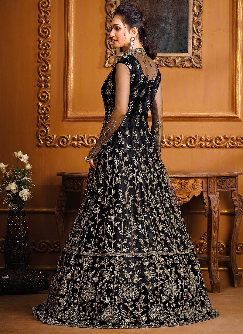 Buy Slit Style Bold Black Anarkali - Net Embellished Anarkali Suit