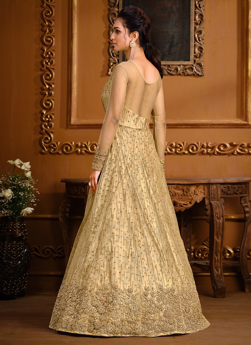 Buy Slit Style Light Gold Anarkali - Net Embellished Anarkali Suit