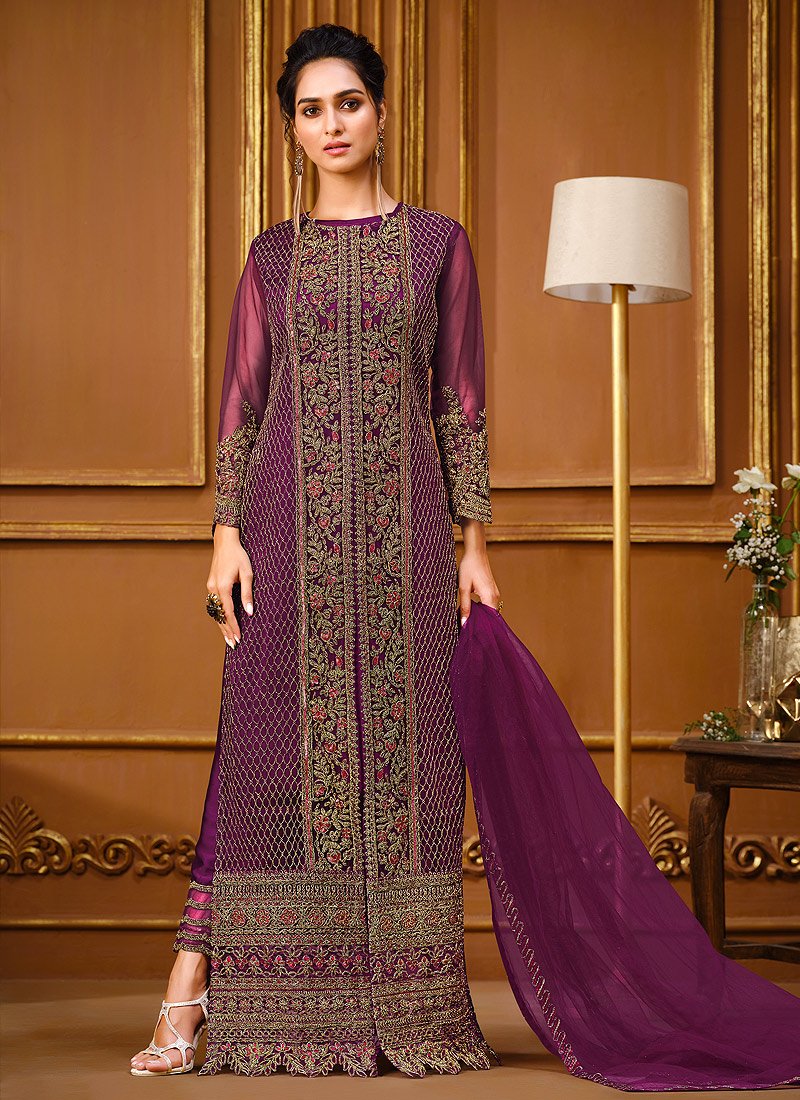 Buy Slit Style Plum Purple  Anarkali - Net Embellished Anarkali Suit