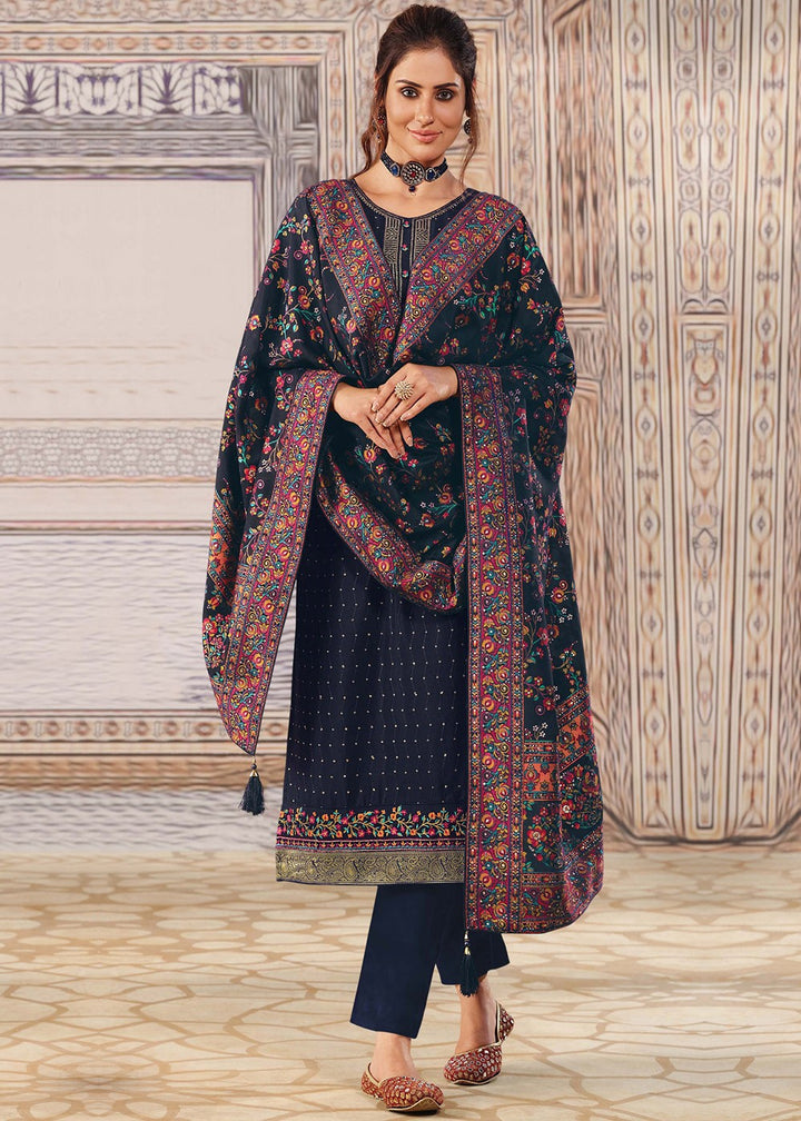 Buy Navy Blue Chinnon Suit - Sequins Embroidered Pant Style Suit