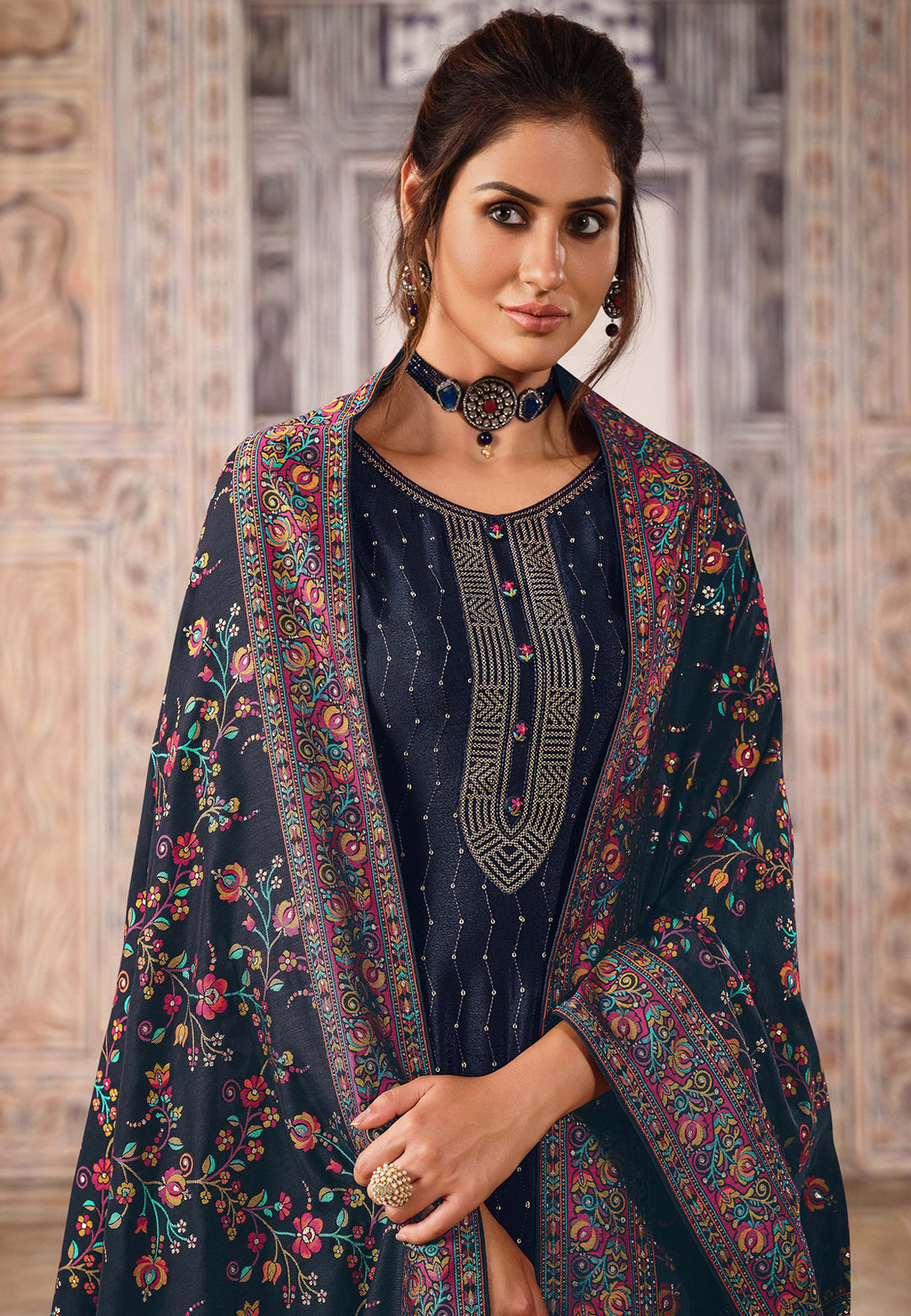 Buy Navy Blue Chinnon Suit - Sequins Embroidered Pant Style Suit
