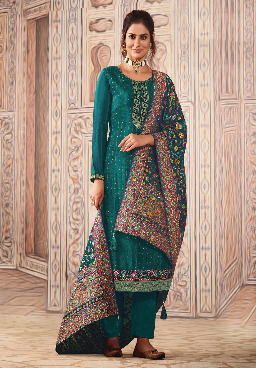 Buy Teal Green Chinnon Suit - Sequins Embroidered Pant Style Suit