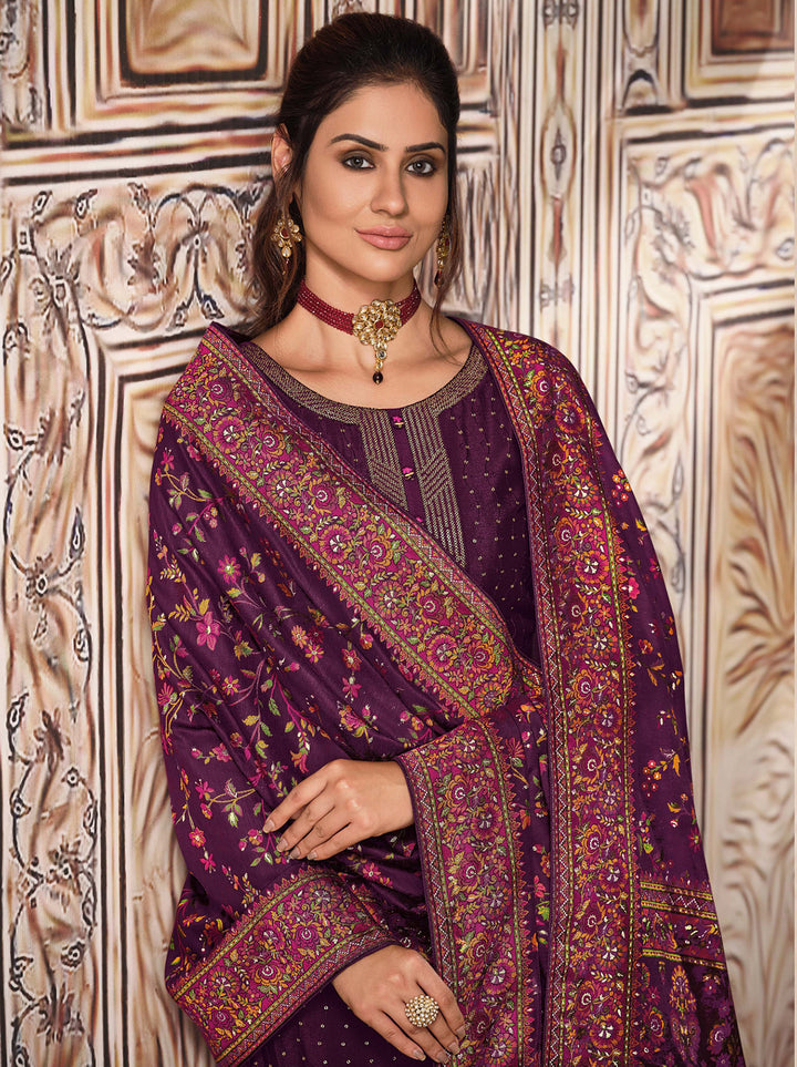 Buy Plum Purple Chinnon Suit - Sequins Embroidered Pant Style Suit