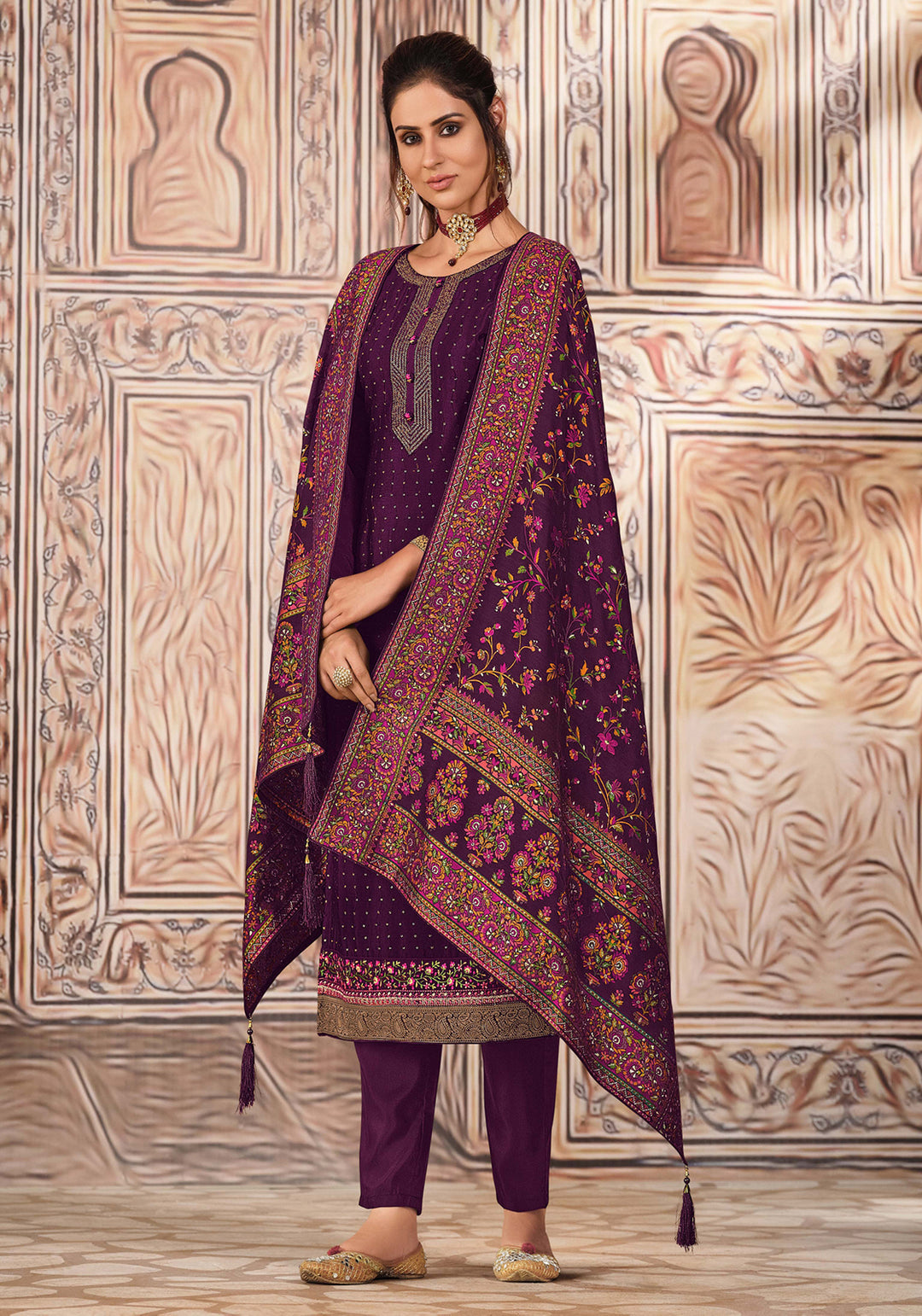 Buy Plum Purple Chinnon Suit - Sequins Embroidered Pant Style Suit