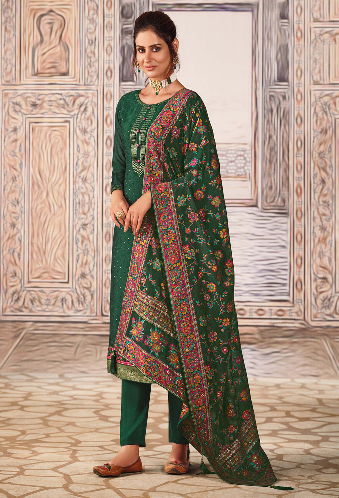 Buy Green Chinnon Suit - Sequins Embroidered Pant Style Suit