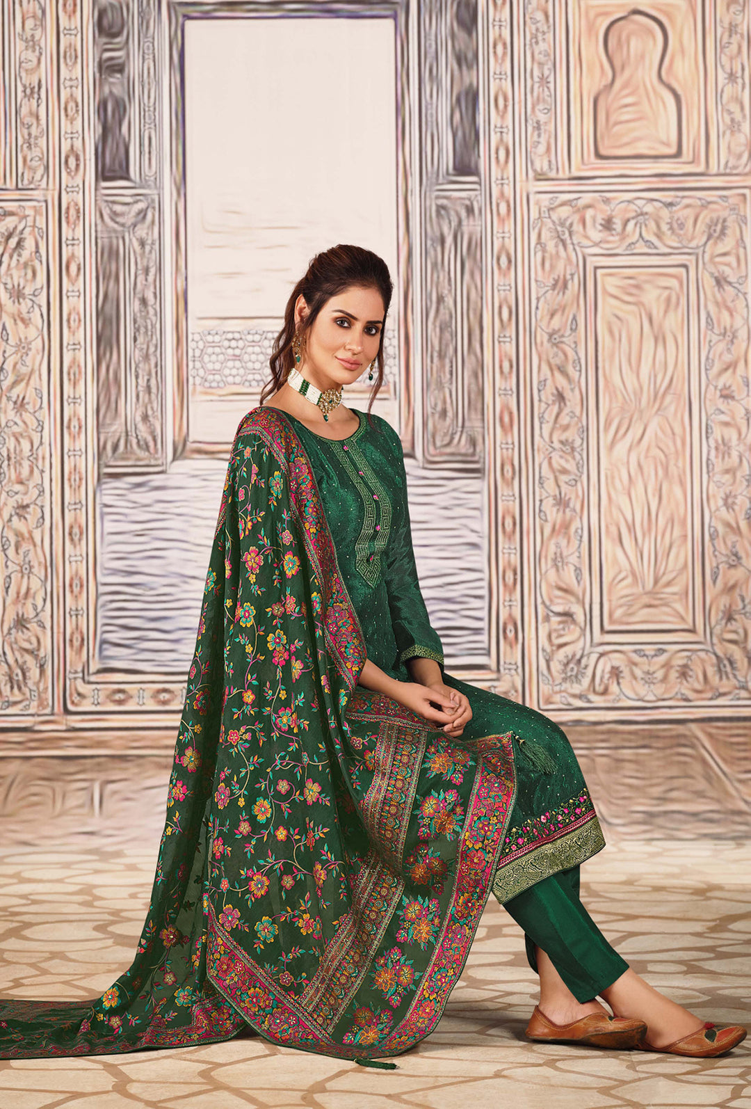 Buy Green Chinnon Suit - Sequins Embroidered Pant Style Suit