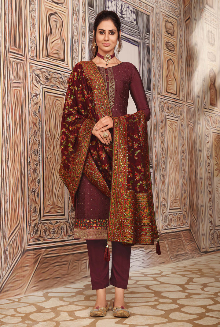 Buy Pretty Maroon Chinnon Suit - Sequins Embroidered Pant Style Suit