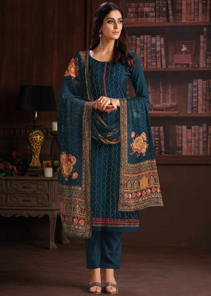 Buy Embroidered Teal Blue Chinnon Suit - Festive Salwar Suit