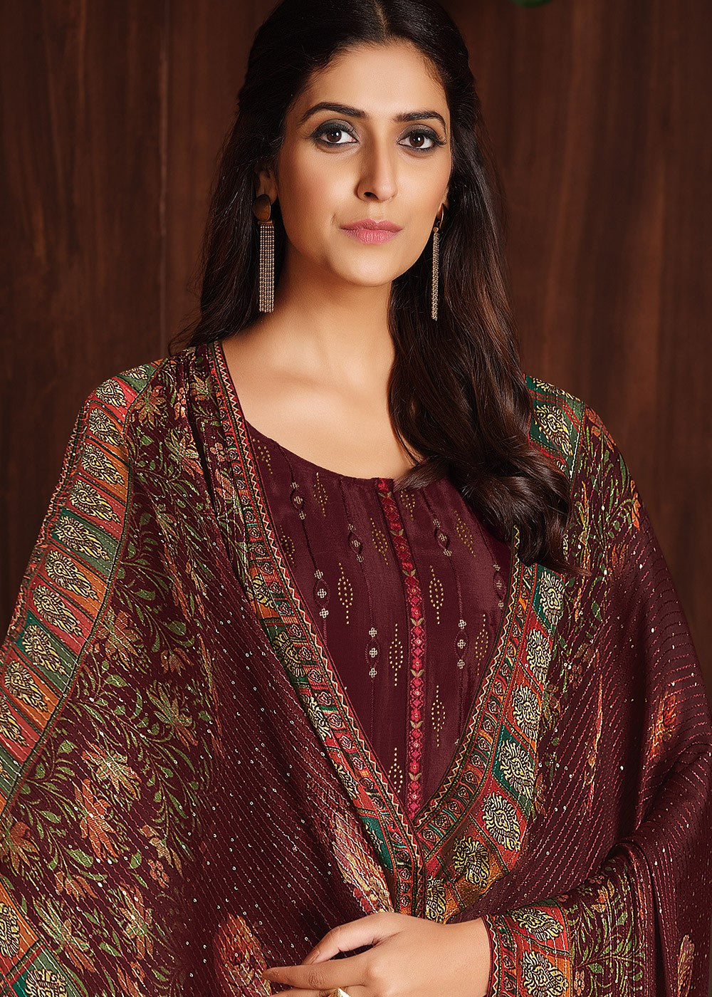 Buy Embroidered Maroon Chinnon Suit - Festive Salwar Suit