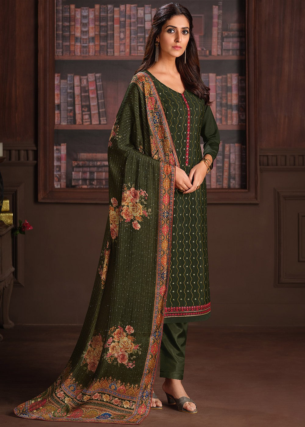 Buy Embroidered Dark Green Chinnon Suit - Festive Salwar Suit
