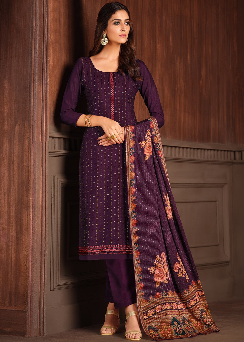 Buy Embroidered Purple Chinnon Suit - Festive Salwar Suit
