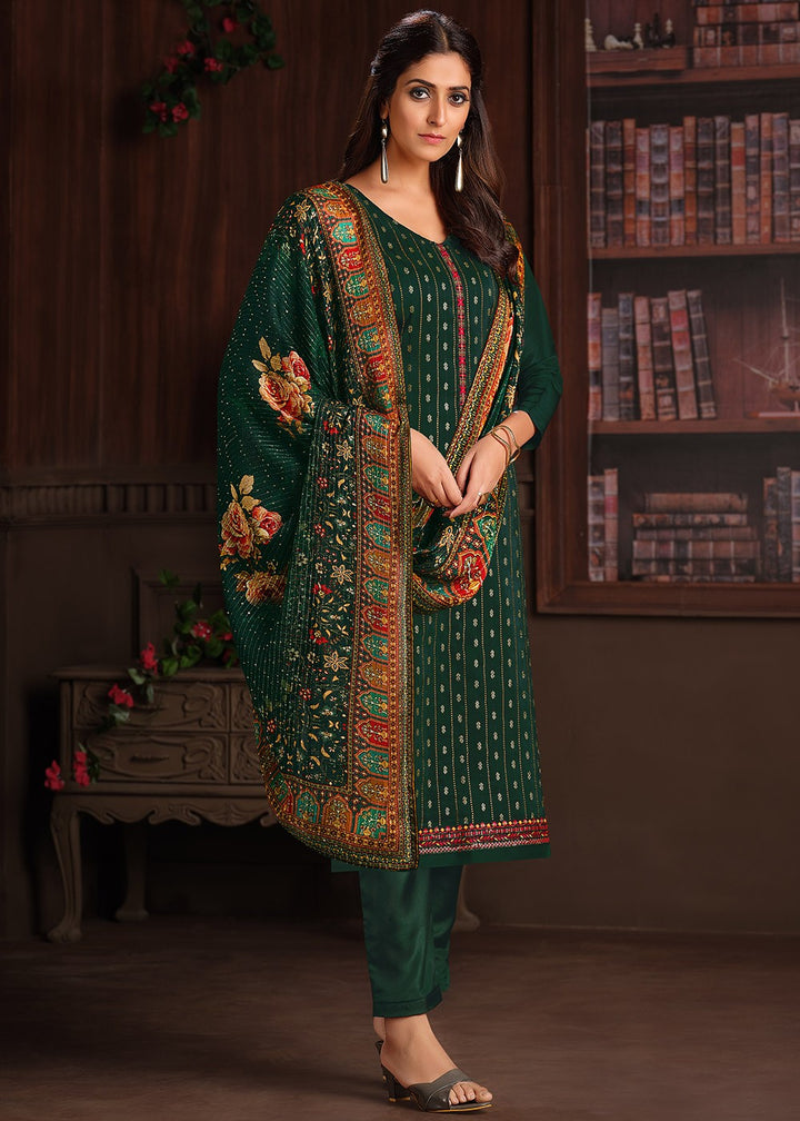 Buy Embroidered Bottle Green Chinnon Suit - Festive Salwar Suit