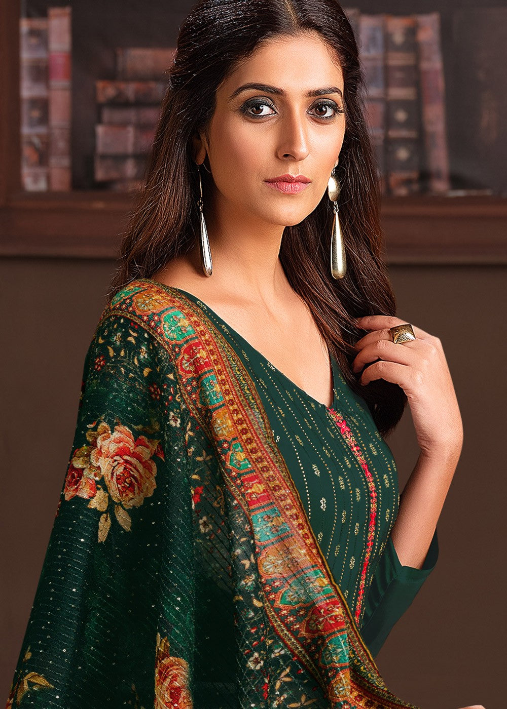 Buy Embroidered Bottle Green Chinnon Suit - Festive Salwar Suit