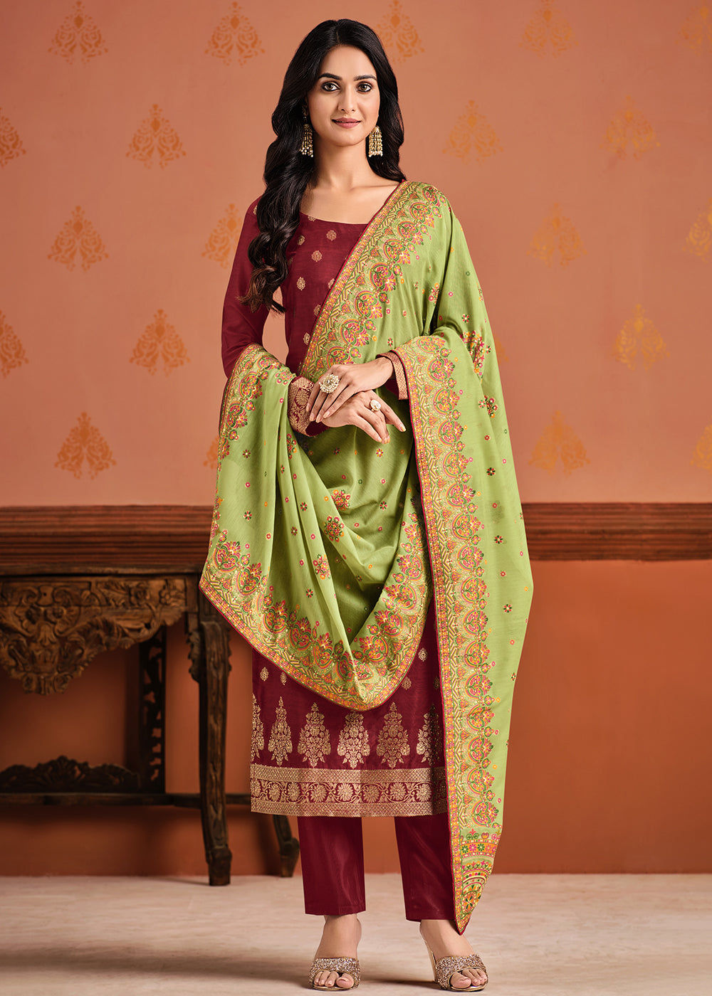 Buy Now Red & Green Silk Jacquard Sangeet Wear Pant Style Salwar Suit Online in USA, UK, Canada & Worldwide at Empress Clothing.