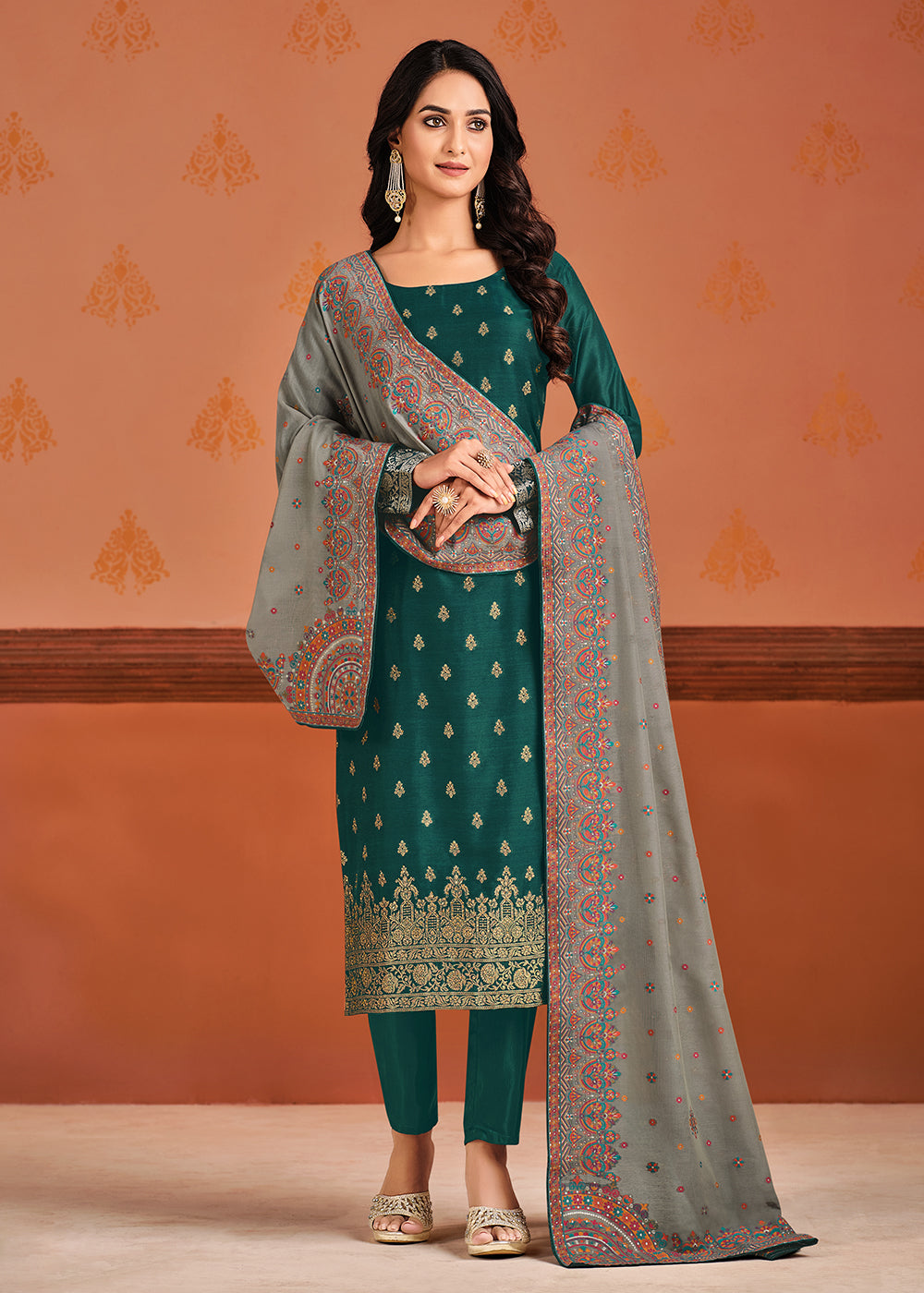 Buy Now Green & Grey Silk Jacquard Sangeet Wear Pant Style Salwar Suit Online in USA, UK, Canada & Worldwide at Empress Clothing.