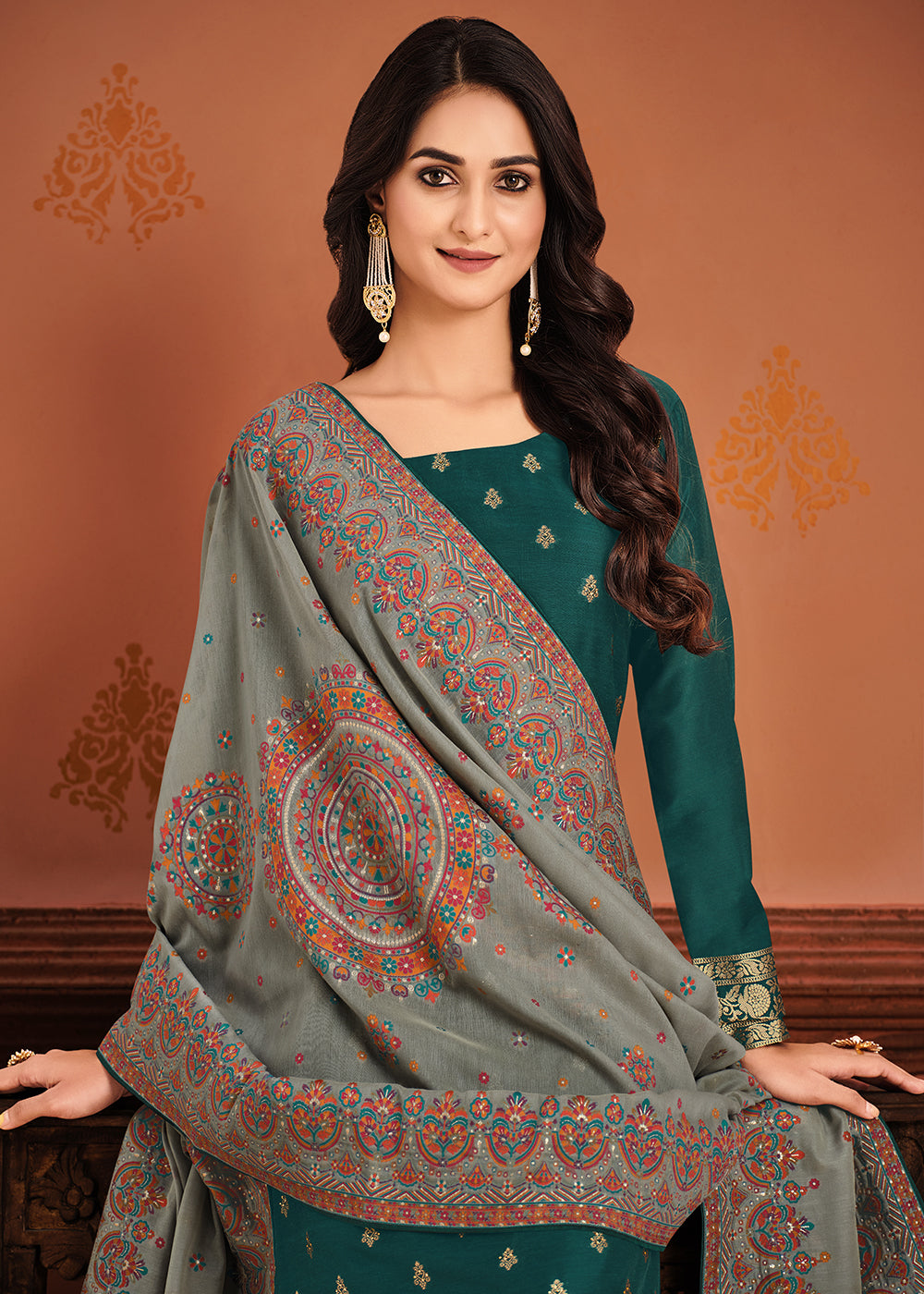 Buy Now Green & Grey Silk Jacquard Sangeet Wear Pant Style Salwar Suit Online in USA, UK, Canada & Worldwide at Empress Clothing.