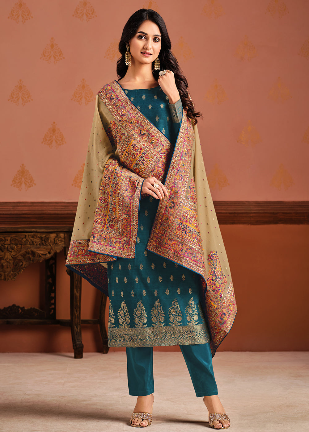 Buy Now Teal & Beige Silk Jacquard Sangeet Wear Pant Style Salwar Suit Online in USA, UK, Canada & Worldwide at Empress Clothing.